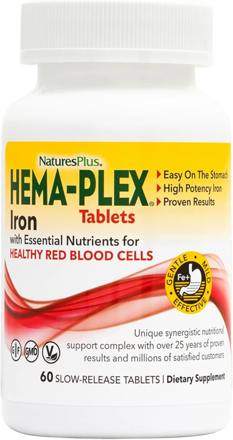 Natures Plus Hema-Plex Iron Tablets - 30 Count - 85mg Chelated Iron for Blood Health - with Vitamin C & Bioflavonoids - Non GMO, Vegetarian & Gluten Free