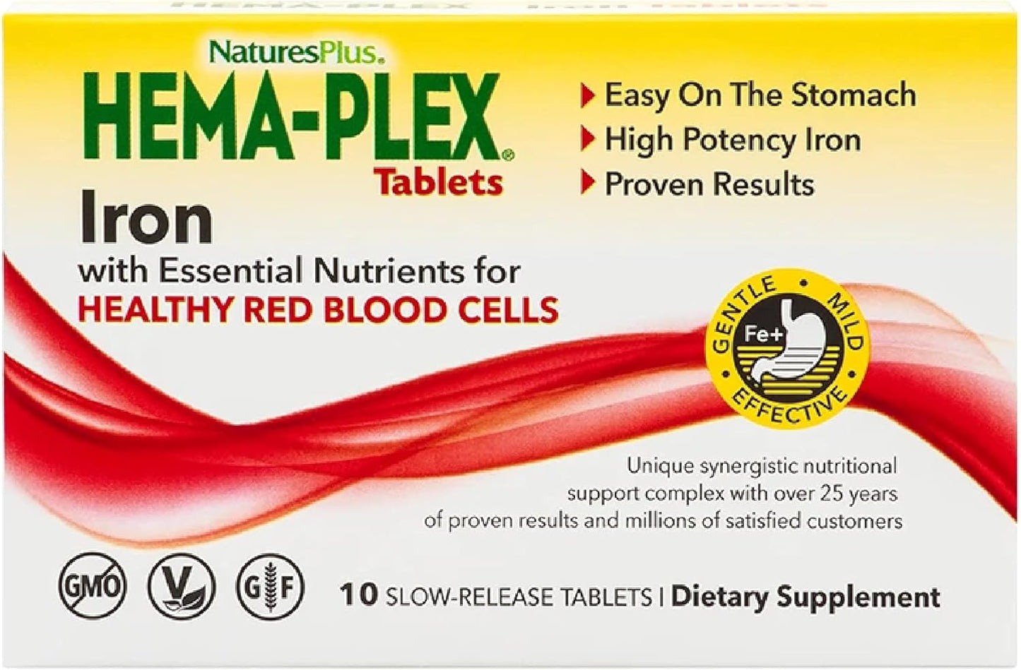 Natures Plus Hema-Plex Iron Tablets - 85mg Slow-Release Chelated Iron with Vitamin C - Vegan & Gluten Free - Total Blood Health - 10 Servings