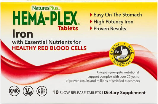 Natures Plus Hema-Plex Iron Tablets - 85mg Slow-Release Chelated Iron with Vitamin C - Vegan & Gluten Free - Total Blood Health - 10 Servings