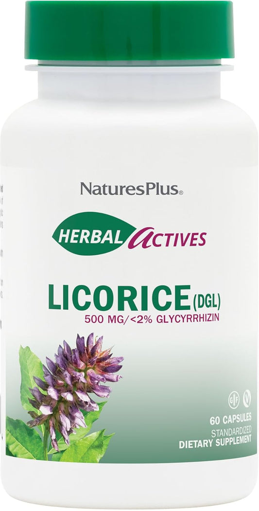 Natures Plus Herbal Actives Licorice (DGL) Capsules - 500mg, 60 Vegan Supplements - Vegetarian, Gluten-Free - 60 Servings