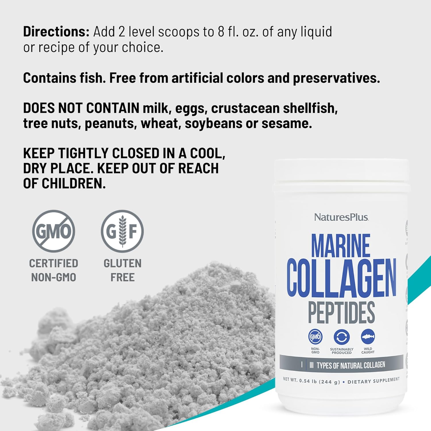 Natures Plus Marine Collagen Peptides Powder for Hair, Skin, Nails & Joints - Unflavored, Gluten Free, Non-GMO - 20 Servings