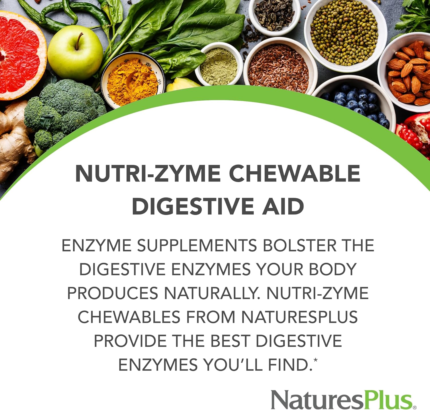 Natures Plus Nutri Zyme Chewable Tablets - Peppermint Flavor, Vegetarian Enzyme Supplement with Bromelain & Papain - Gluten-Free Digestive Aid - 90 Tablets