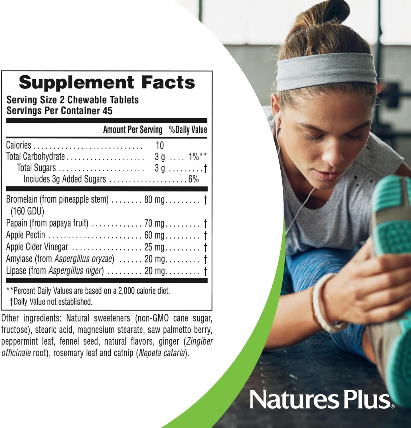 Natures Plus Nutri Zyme Chewable Tablets - Peppermint Flavor, Vegetarian Enzyme Supplement with Bromelain & Papain - Gluten-Free Digestive Aid - 90 Tablets