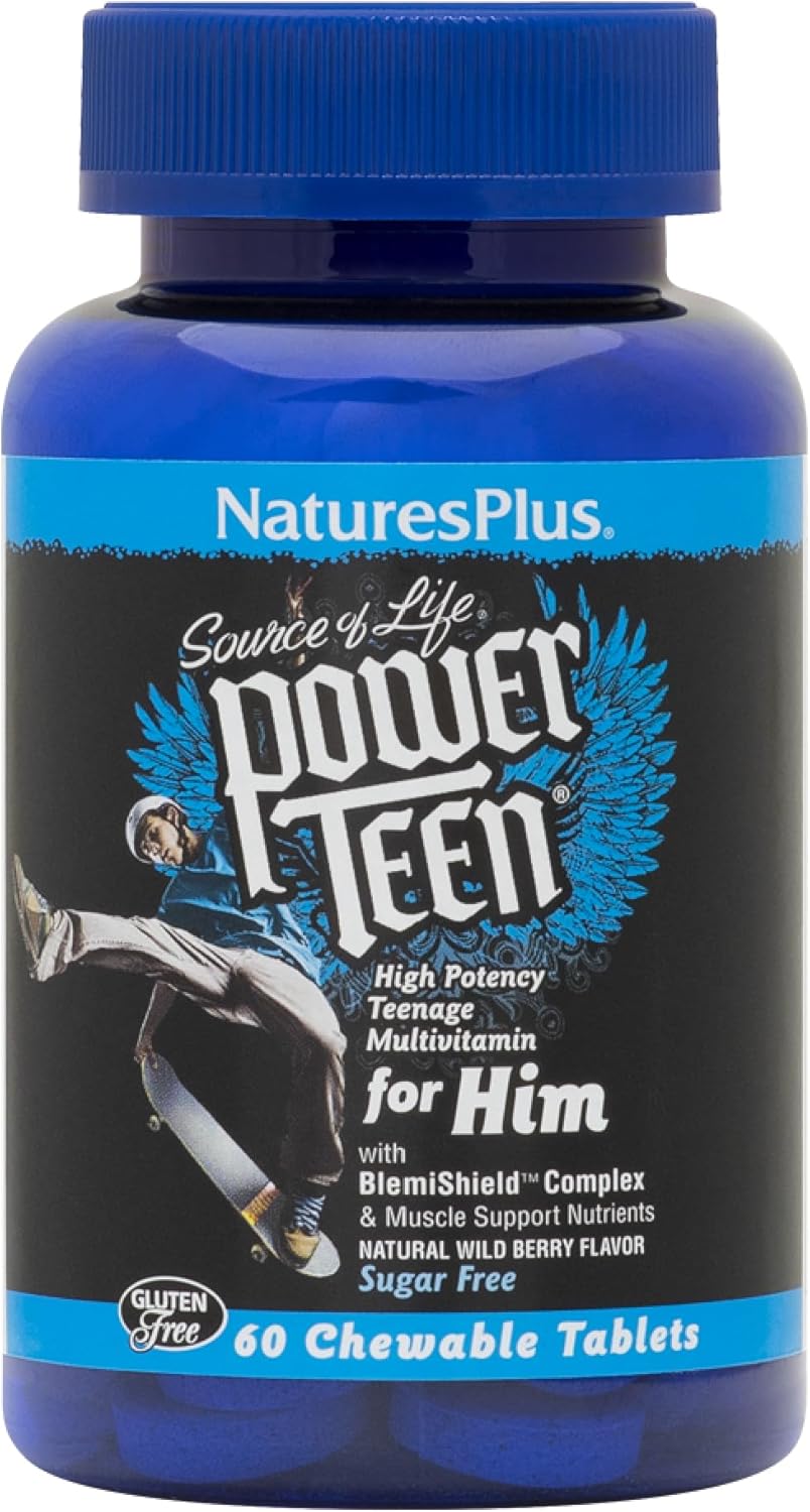 Natures Plus Power Teen for Him - 60 Chewable Tablets, Wild Berry - High-Potency Teen Multivitamin - Vegetarian, Gluten Free - 30 Servings
