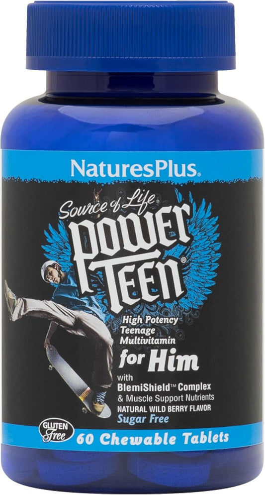 Natures Plus Power Teen for Him - 60 Chewable Tablets, Wild Berry - High-Potency Teen Multivitamin - Vegetarian, Gluten Free - 30 Servings