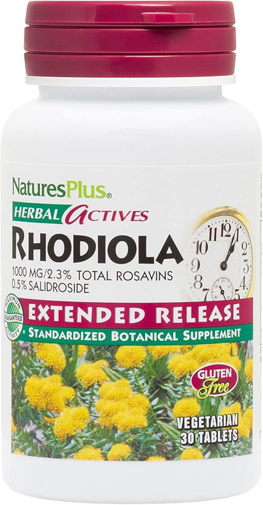 Natures Plus Rhodiola 1000mg Extended Release Tablets - Herbal Supplement for Energy, Focus, and Stress Relief - Vegan and Gluten-Free - 30 Servings