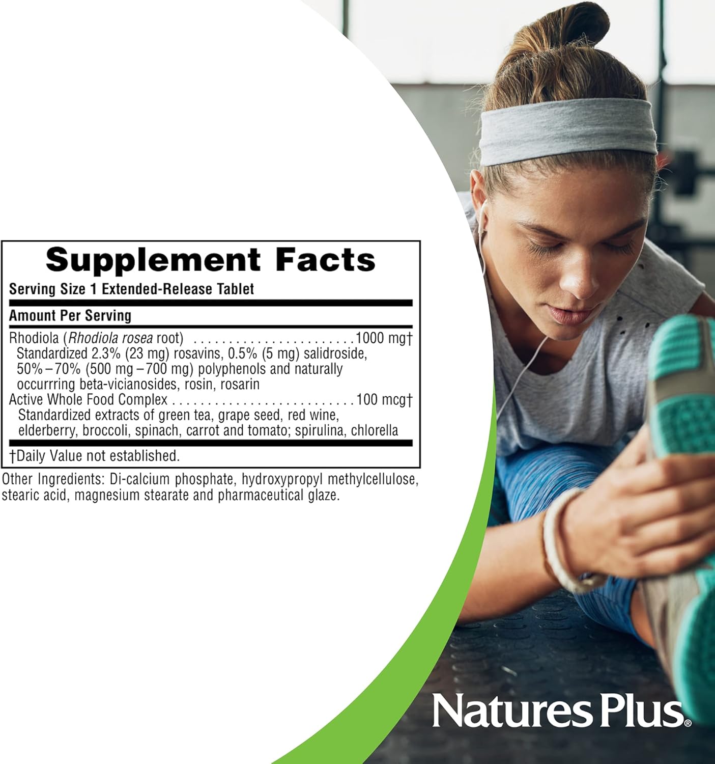 Natures Plus Rhodiola 1000mg Extended Release Tablets - Herbal Supplement for Energy, Focus, and Stress Relief - Vegan and Gluten-Free - 30 Servings