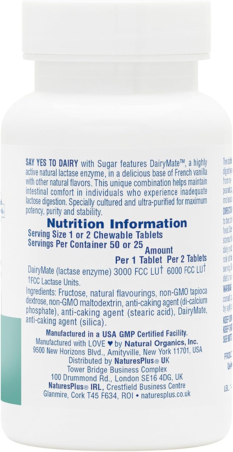 Natures Plus Say Yes to Dairy Chewable Tablets - Natural Lactase Enzyme Supplement for Lactose Intolerance Relief - Gluten-Free - 50 Servings