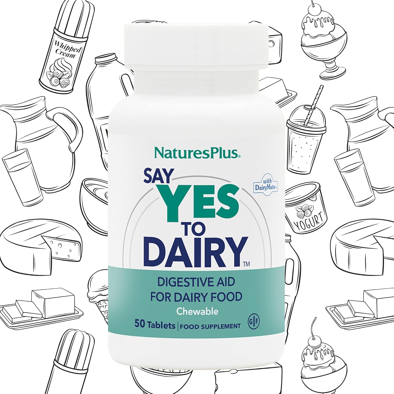 Natures Plus Say Yes to Dairy Chewable Tablets - Natural Lactase Enzyme Supplement for Lactose Intolerance Relief - Gluten-Free - 50 Servings