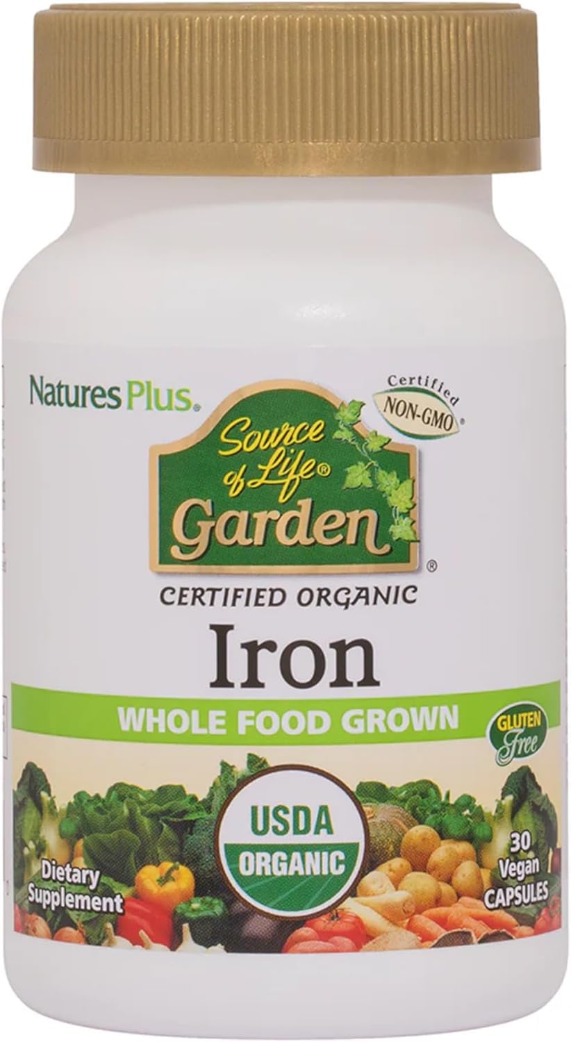 Natures Plus Source of Life Garden Organic Iron Capsules - 30 Vegan Capsules - Plant-Based Supplement for Healthy Blood - Vegetarian & Gluten-Free - 30 Servings