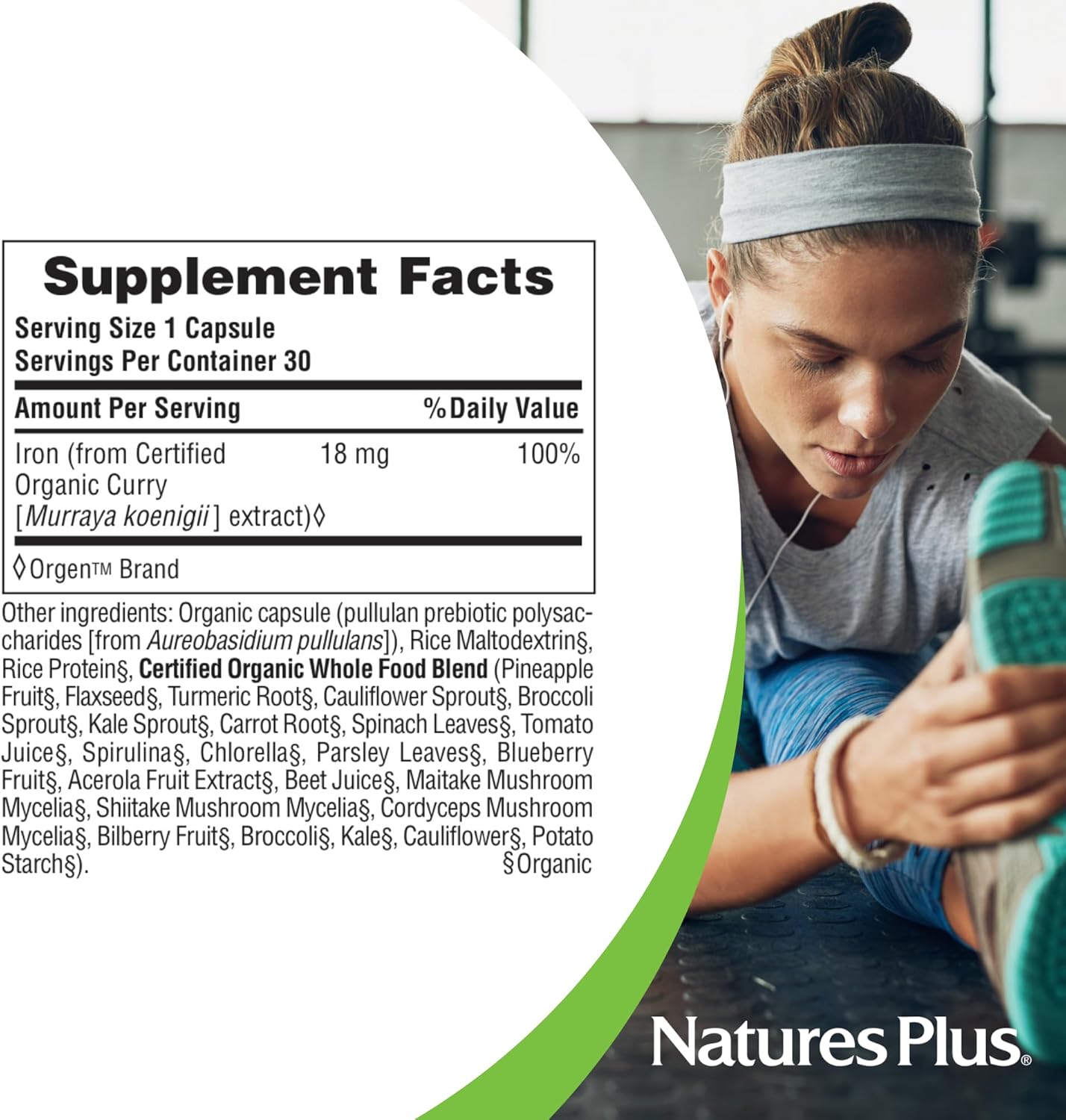 Natures Plus Source of Life Garden Organic Iron Capsules - 30 Vegan Capsules - Plant-Based Supplement for Healthy Blood - Vegetarian & Gluten-Free - 30 Servings