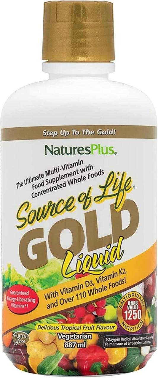Natures Plus Source of Life Gold Liquid Multivitamin - 30 oz - Vitamins D3, B12, K2 - Support for Blood, Bones & Immunity - Vegetarian & Gluten-Free - 30 Servings