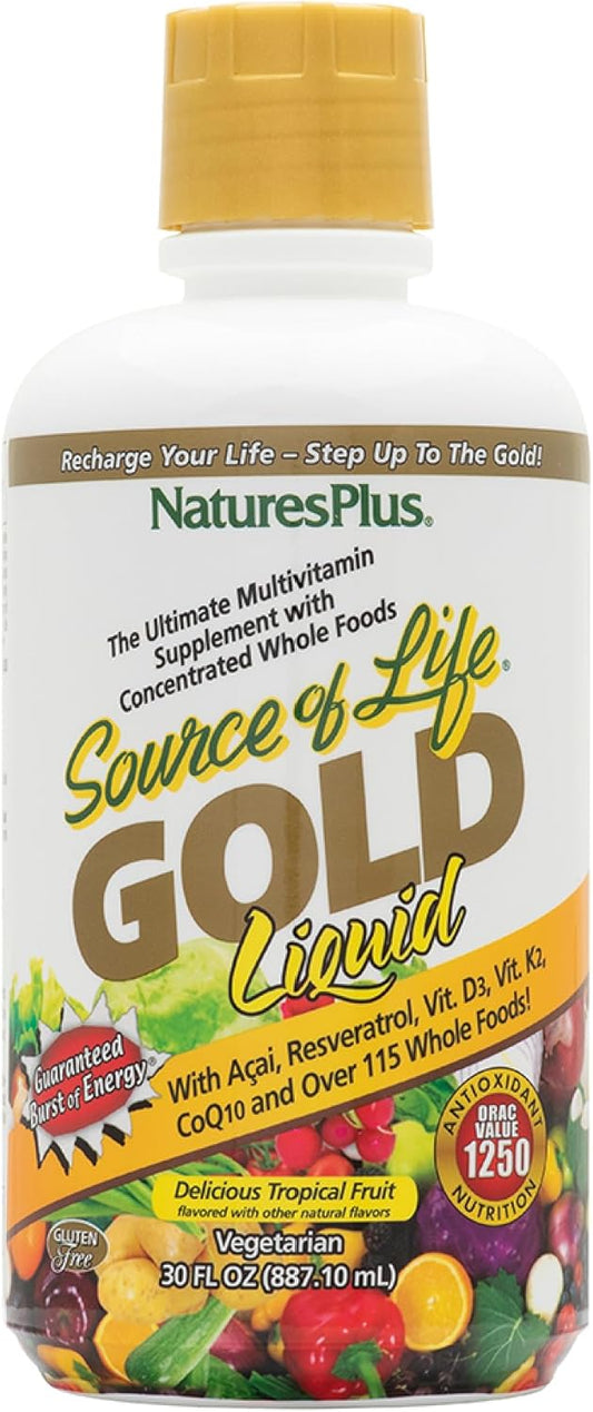 Natures Plus Source of Life Gold Liquid Multivitamin - 30 oz - Boosts Energy, Immune Health & Well-Being with Vitamins D3, B12, K2 & 120+ Nutrients