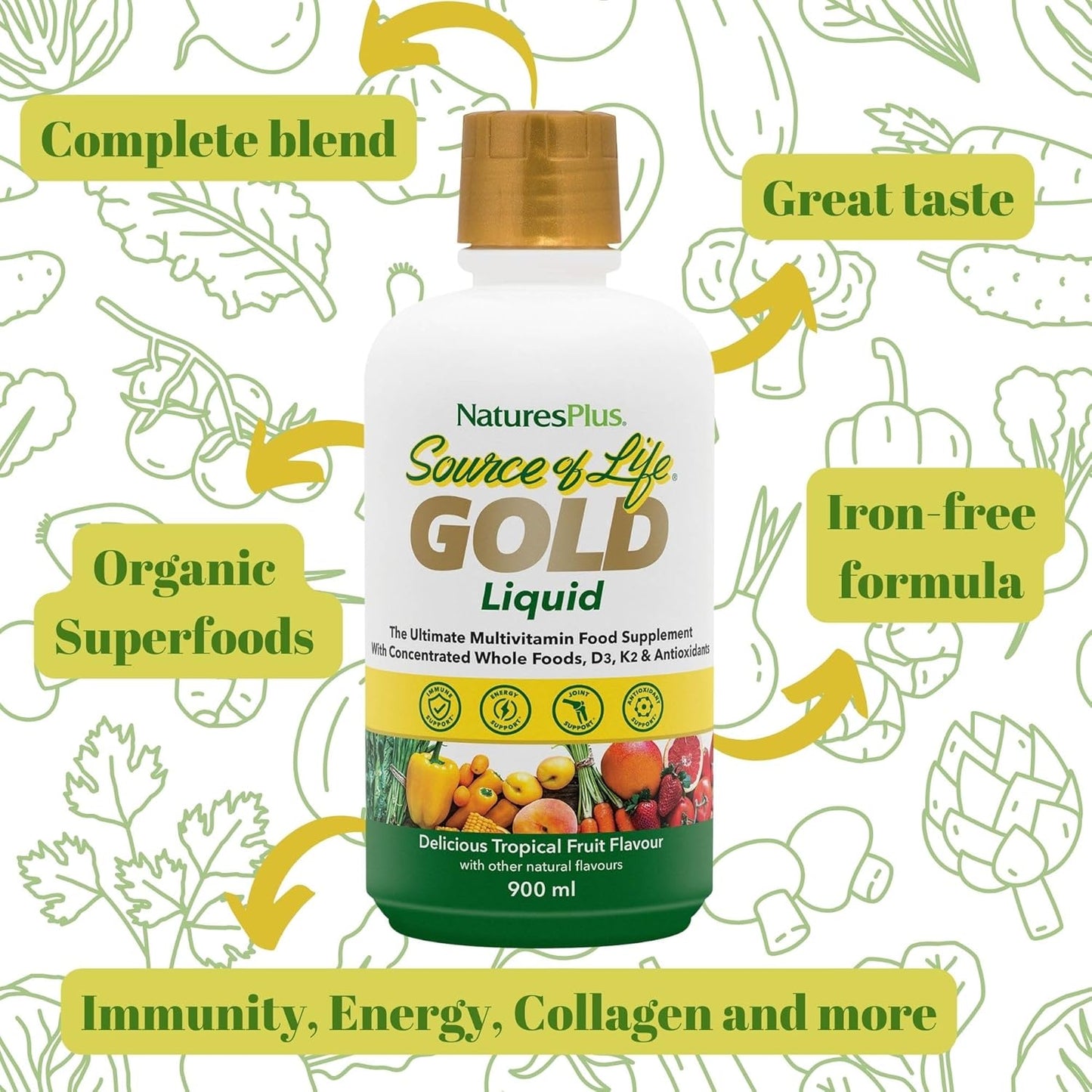 Natures Plus Source of Life Gold Liquid Multivitamin - 30 oz - Vitamins D3, B12, K2 - Support for Blood, Bones & Immunity - Vegetarian & Gluten-Free - 30 Servings