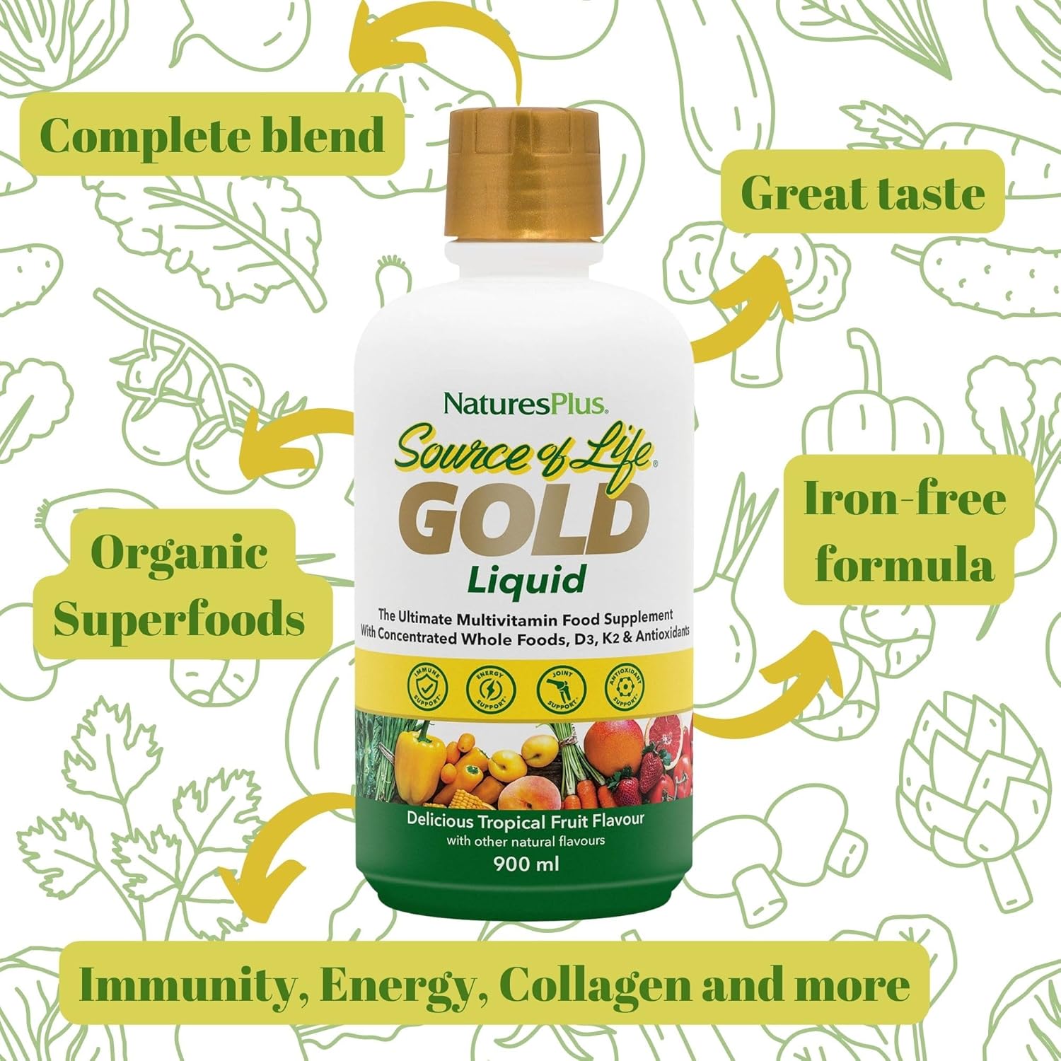 Natures Plus Source of Life Gold Liquid Multivitamin - 30 oz - Vitamins D3, B12, K2 - Support for Blood, Bones & Immunity - Vegetarian & Gluten-Free - 30 Servings
