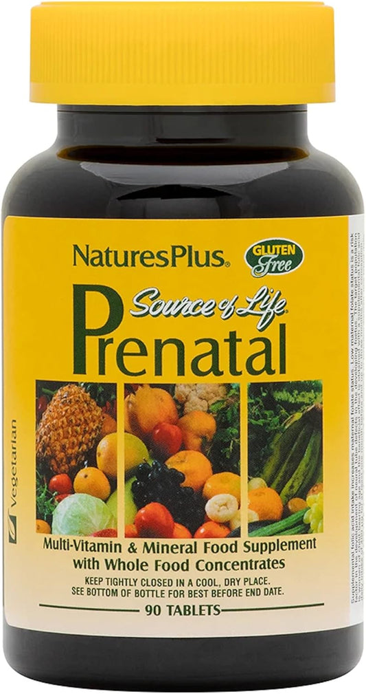 Natures Plus Source of Life Prenatal - 800 mcg Folate, 90 Vegetarian Tablets - All Natural Prenatal Vitamin & Minerals - Iron & Calcium - Optimal Health & Energy - Gluten-Free - 45 Servings