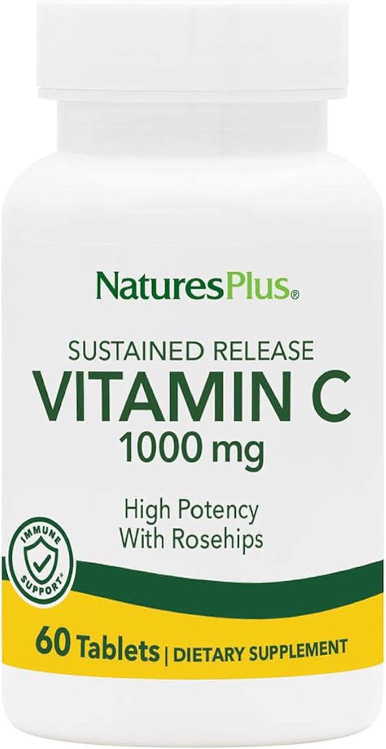 Natures Plus Vitamin C with Rose HIPS Sustained Release 1000mg Ascorbic Acid Vegetarian Tablets Gluten-Free - 60 Servings