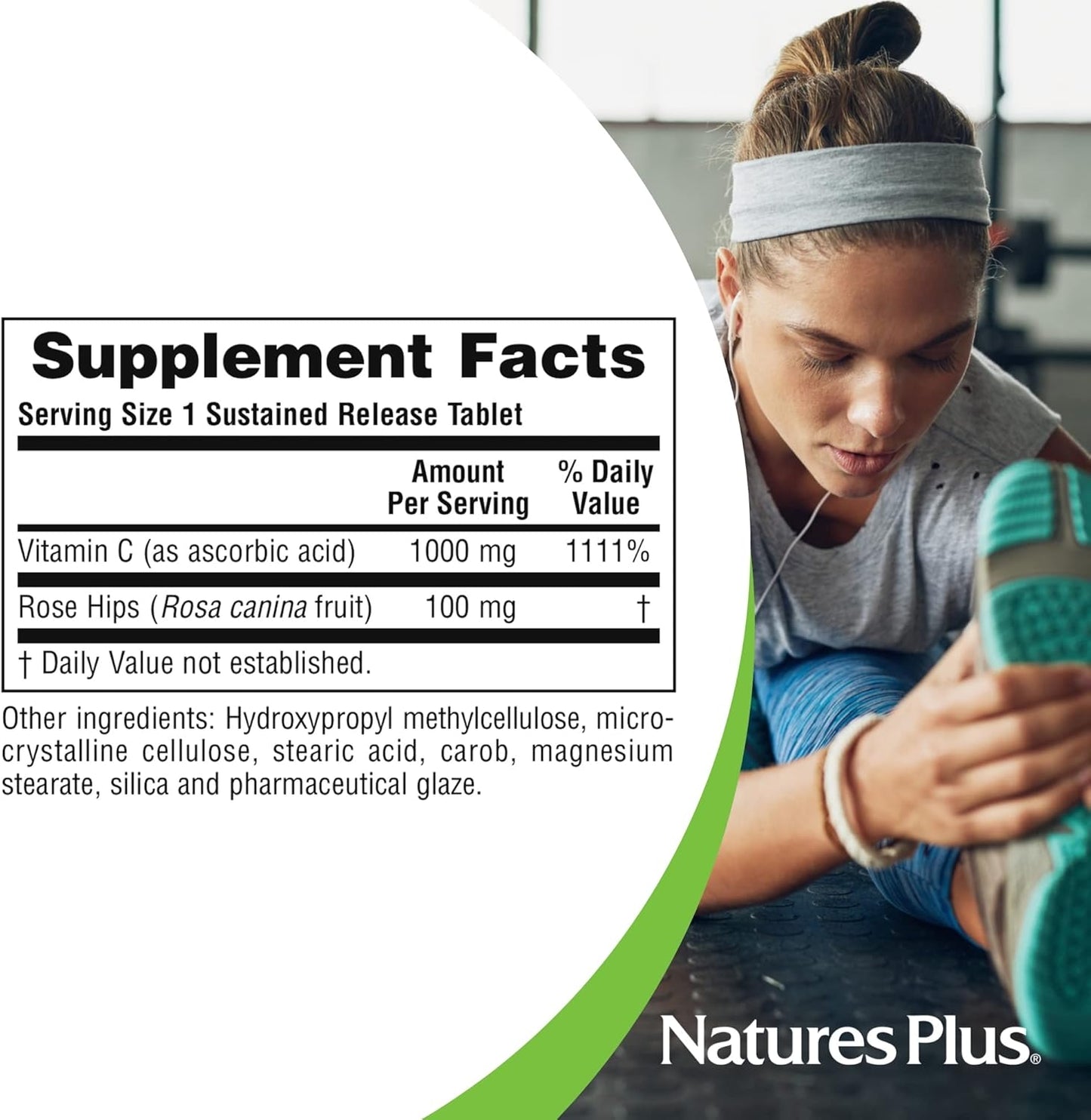 Natures Plus Vitamin C with Rose HIPS Sustained Release 1000mg Ascorbic Acid Vegetarian Tablets Gluten-Free - 60 Servings