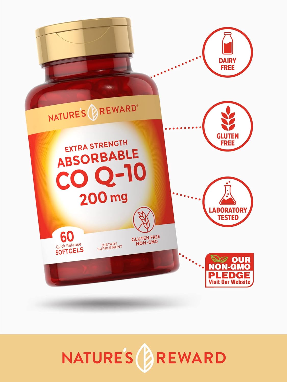 Nature's Reward CoQ10-200mg Softgels - Extra Strength, Highly Absorbable, Non-GMO & Gluten-Free - 60 Count