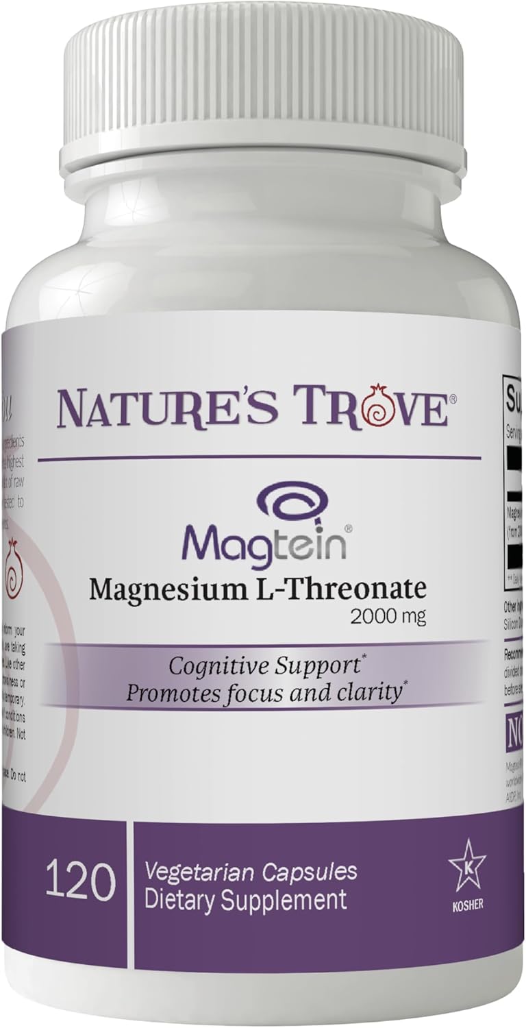 Nature's Trove Magtein Magnesium L-Threonate Supplement - 2000 Mg for Sleep, Calm, Memory & Brain Fog - Non-GMO, 120 Vegetarian Capsules