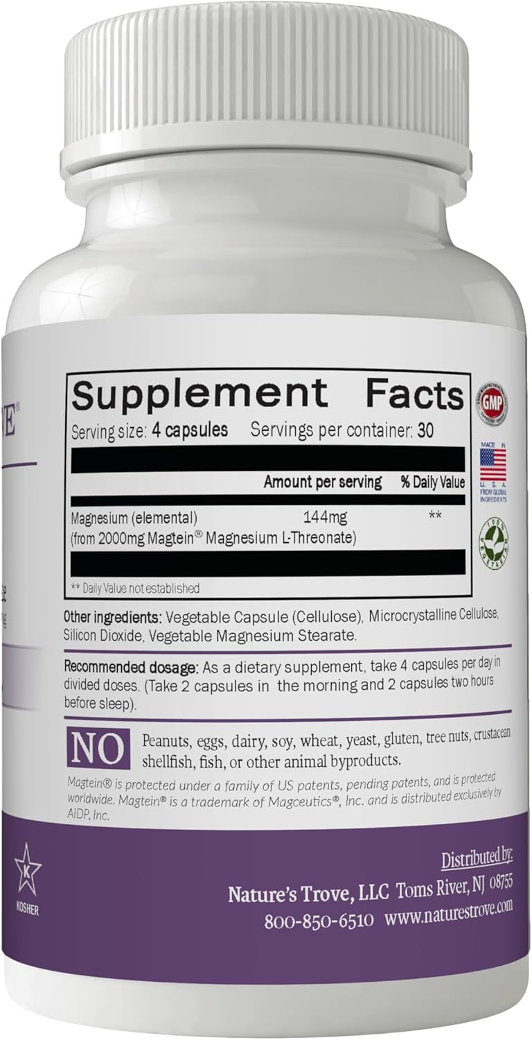 Nature's Trove Magtein Magnesium L-Threonate Supplement - 2000 Mg for Sleep, Calm, Memory & Brain Fog - Non-GMO, 120 Vegetarian Capsules