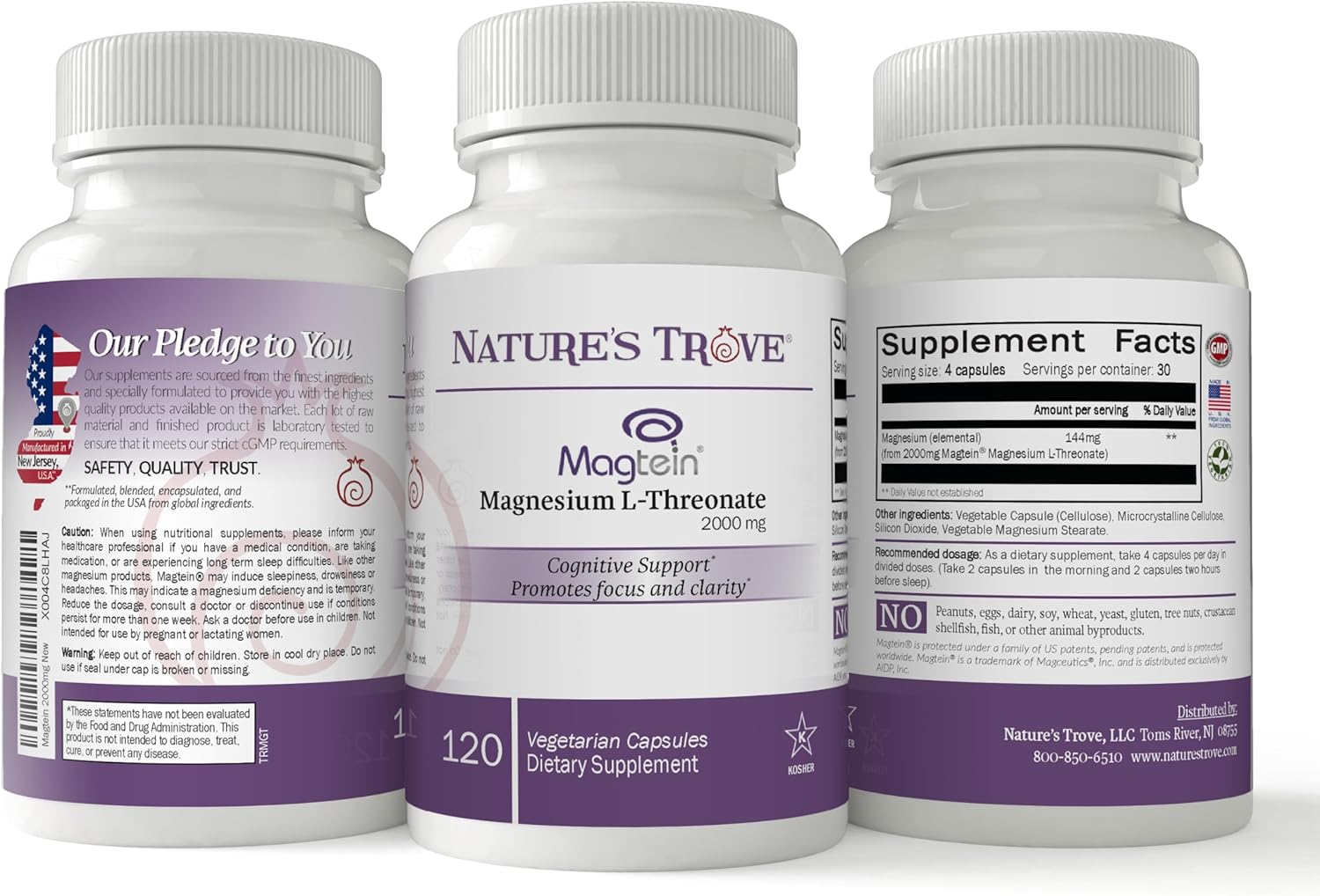 Nature's Trove Magtein Magnesium L-Threonate Supplement - 2000 Mg for Sleep, Calm, Memory & Brain Fog - Non-GMO, 120 Vegetarian Capsules