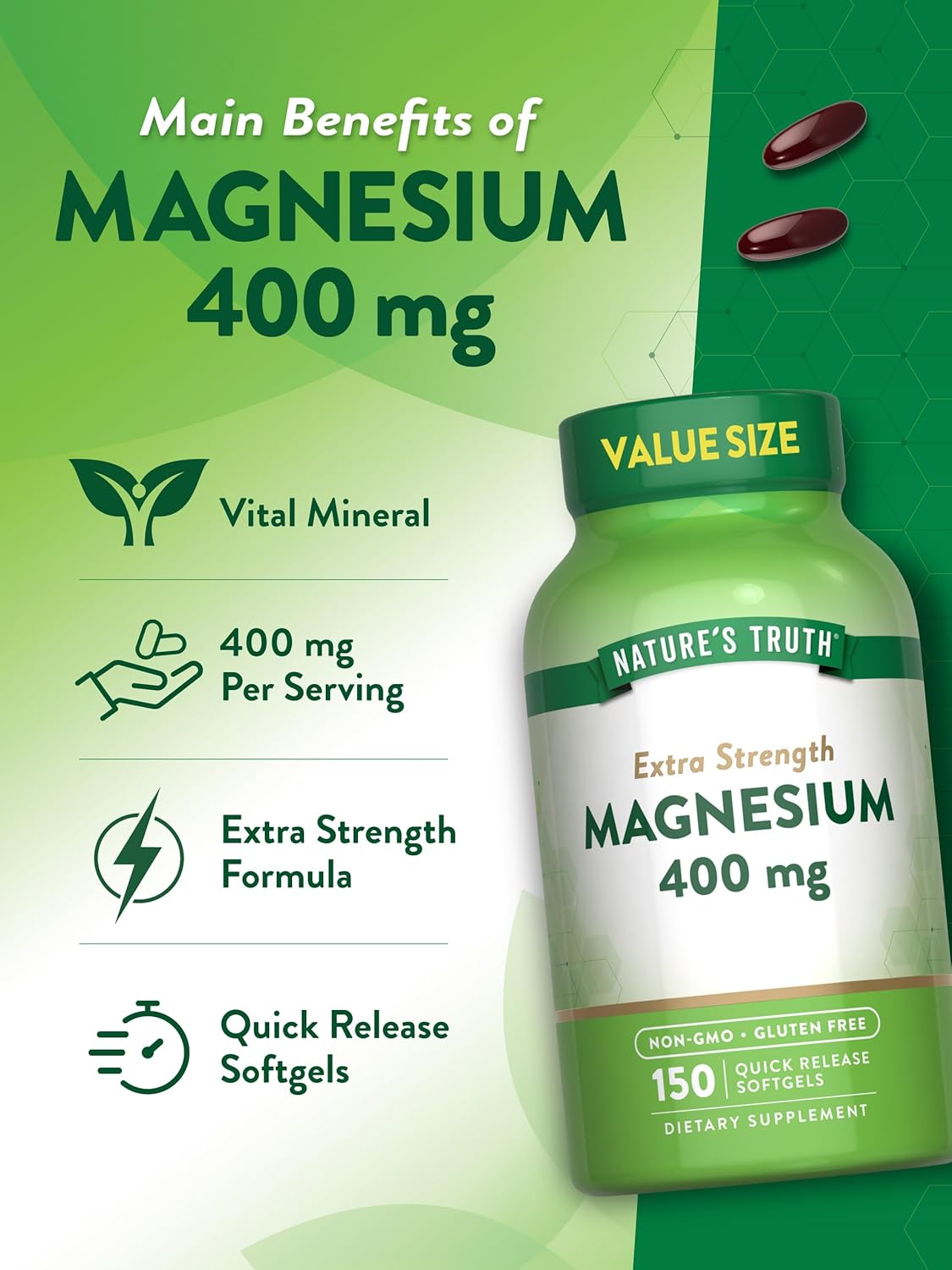 Nature's Truth Magnesium Supplement | 400mg | 150 Softgels | Magnesium Oxide | Non-GMO & Gluten Free Mineral