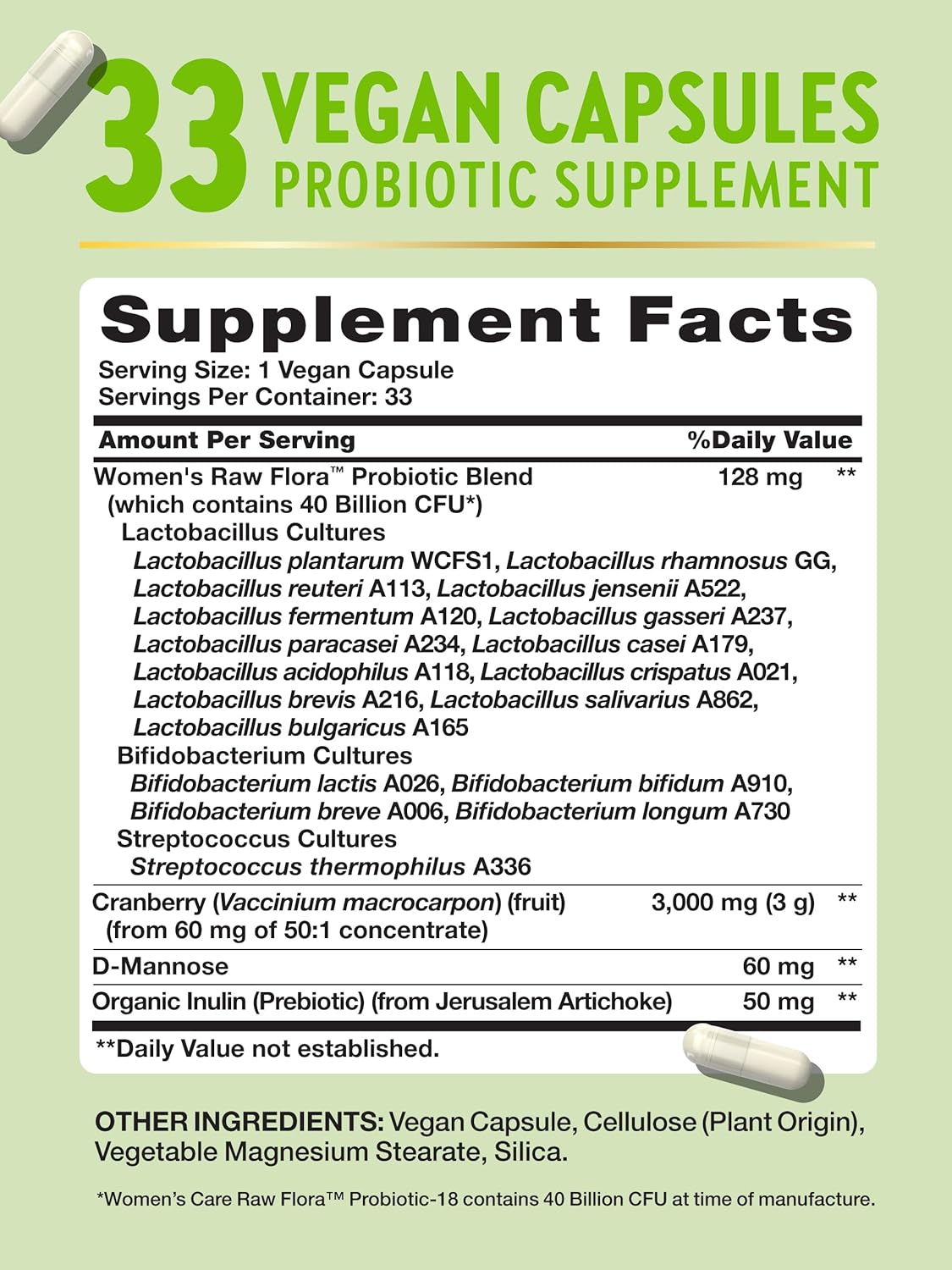 Nature's Truth Raw Flora Probiotics for Women with Cranberry & D-Mannose - 40 Billion CFU - 33 Vegan Capsules - Gluten Free