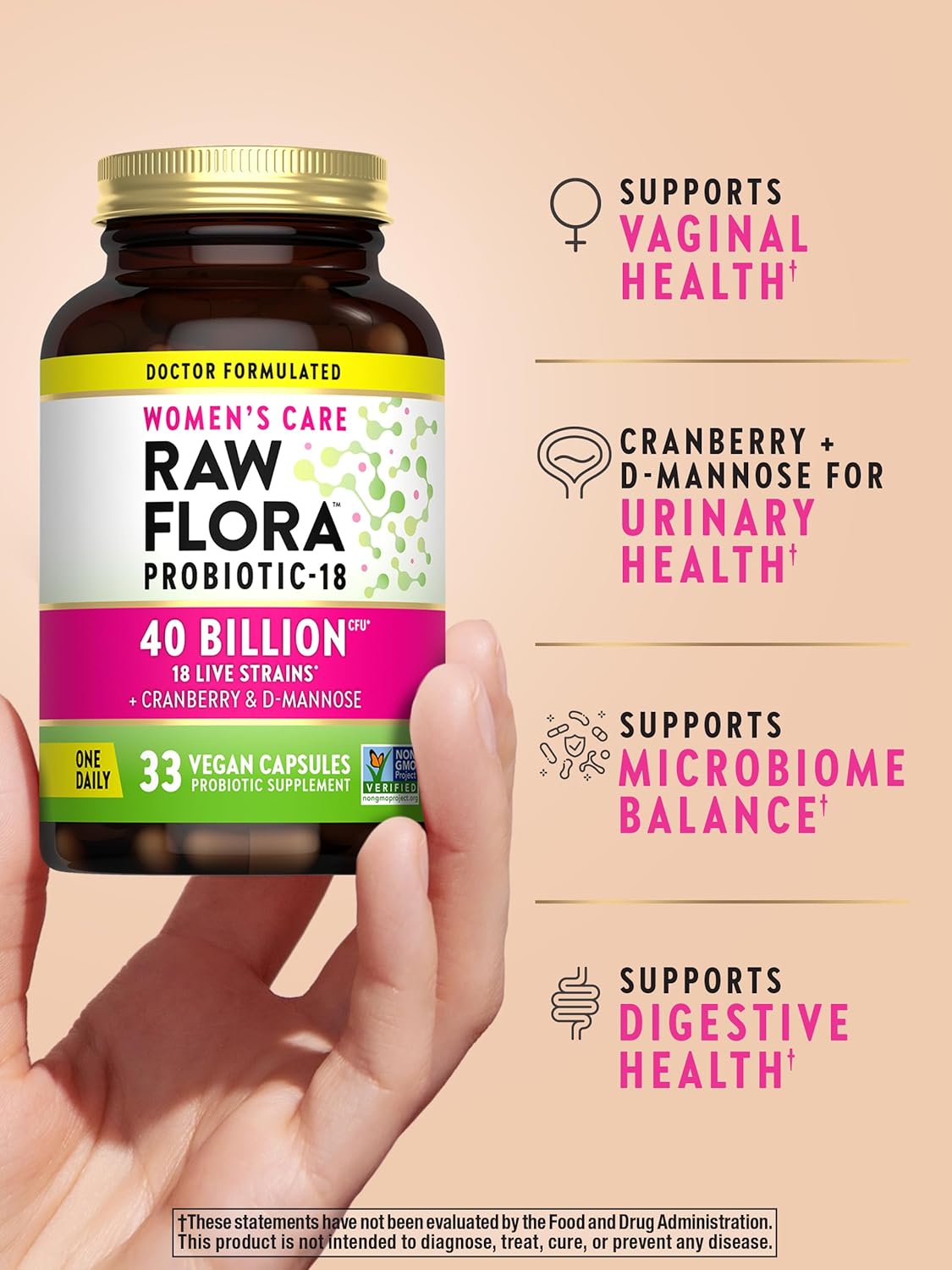 Nature's Truth Raw Flora Probiotics for Women with Cranberry & D-Mannose - 40 Billion CFU - 33 Vegan Capsules - Gluten Free