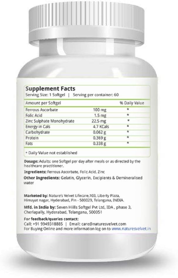 Natures Velvet Lifecare Iron & Folic Acid with Zinc Softgels for Pregnancy Supplementation - 60 Count