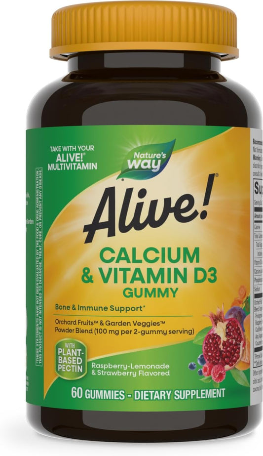 Nature's Way Alive! Daily Calcium & Vitamin D3 Gummies - Bone & Immune Support - Strawberry & Raspberry-Lemonade Flavored - 60 Gummies
