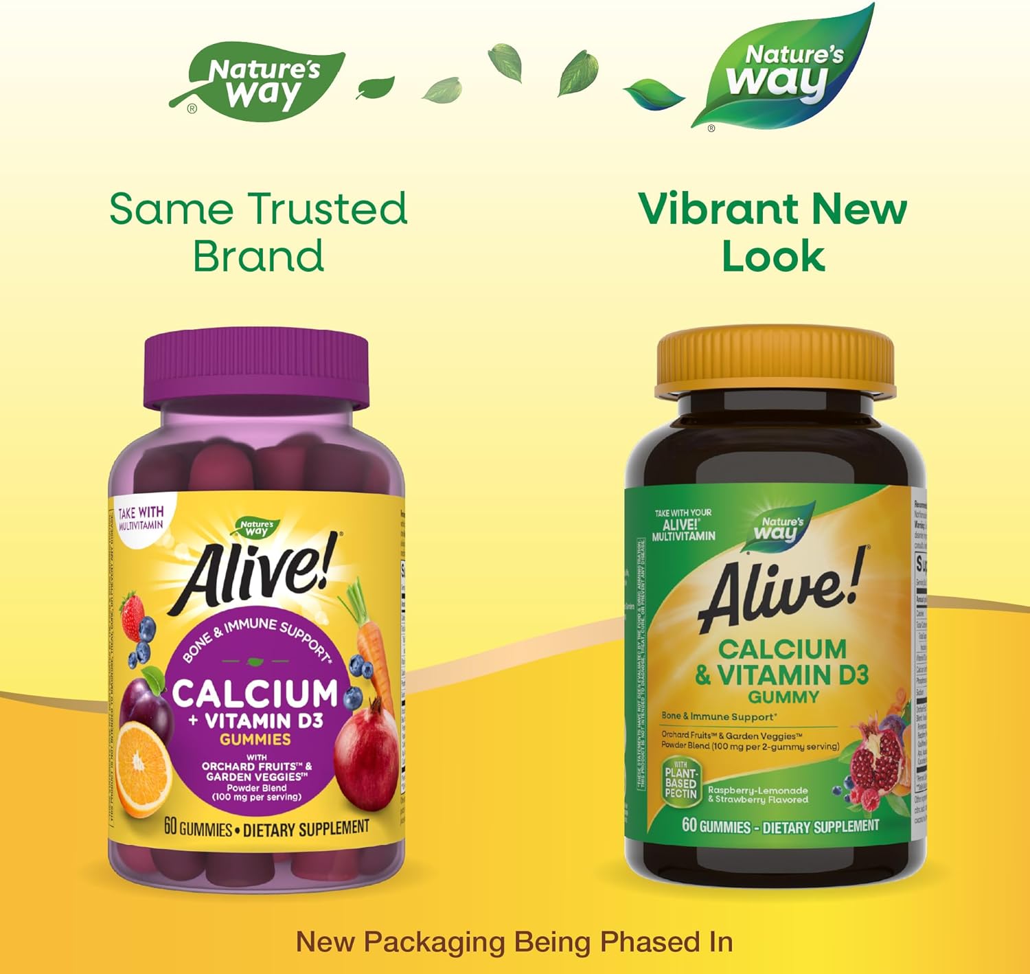 Nature's Way Alive! Daily Calcium & Vitamin D3 Gummies - Bone & Immune Support - Strawberry & Raspberry-Lemonade Flavored - 60 Gummies
