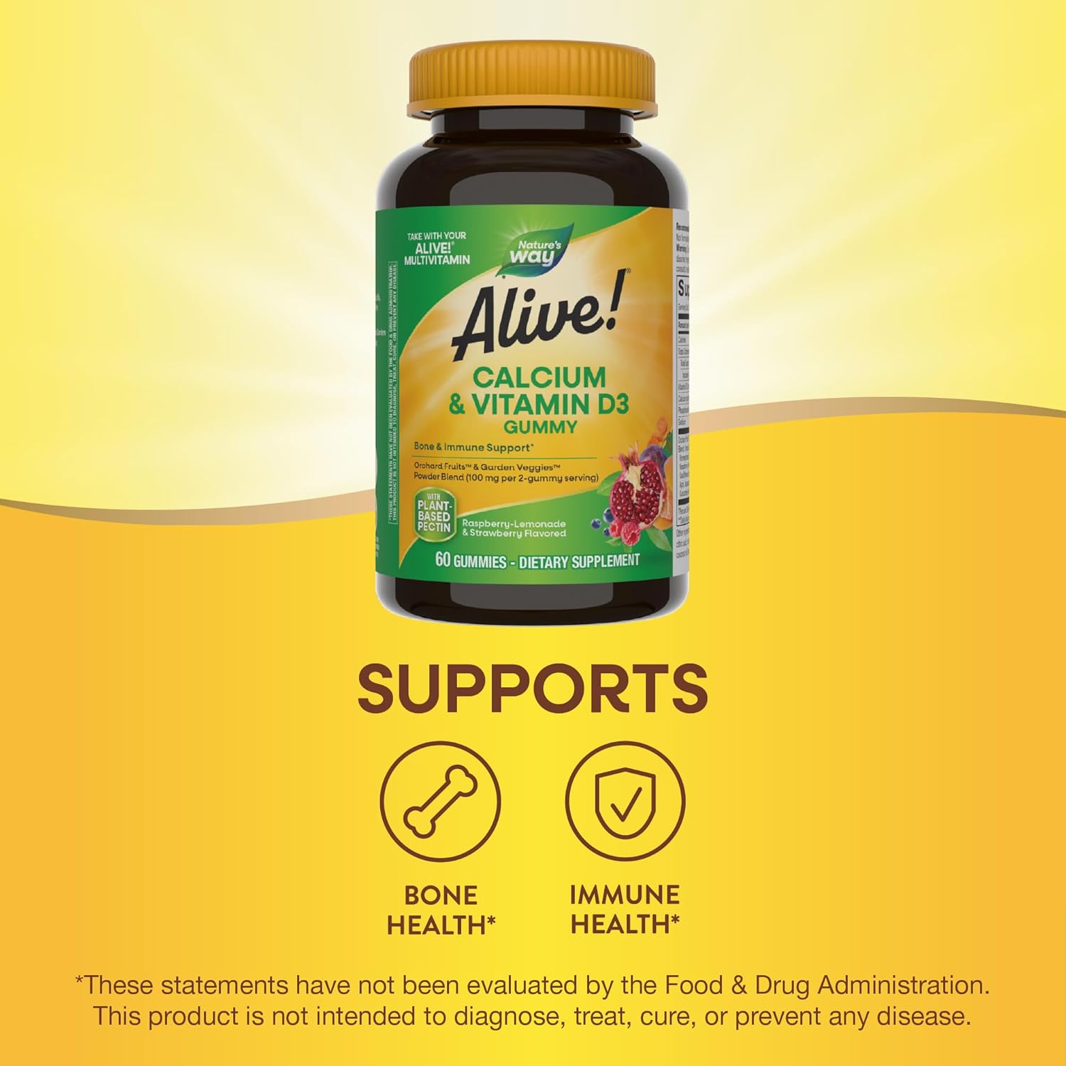 Nature's Way Alive! Daily Calcium & Vitamin D3 Gummies - Bone & Immune Support - Strawberry & Raspberry-Lemonade Flavored - 60 Gummies
