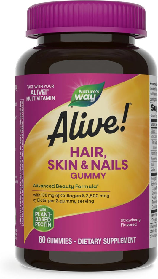 Nature's Way Alive! Hair, Skin & Nails Gummies - Advanced Beauty Formula with Biotin & Collagen - Strawberry Flavored - 60 Gummies