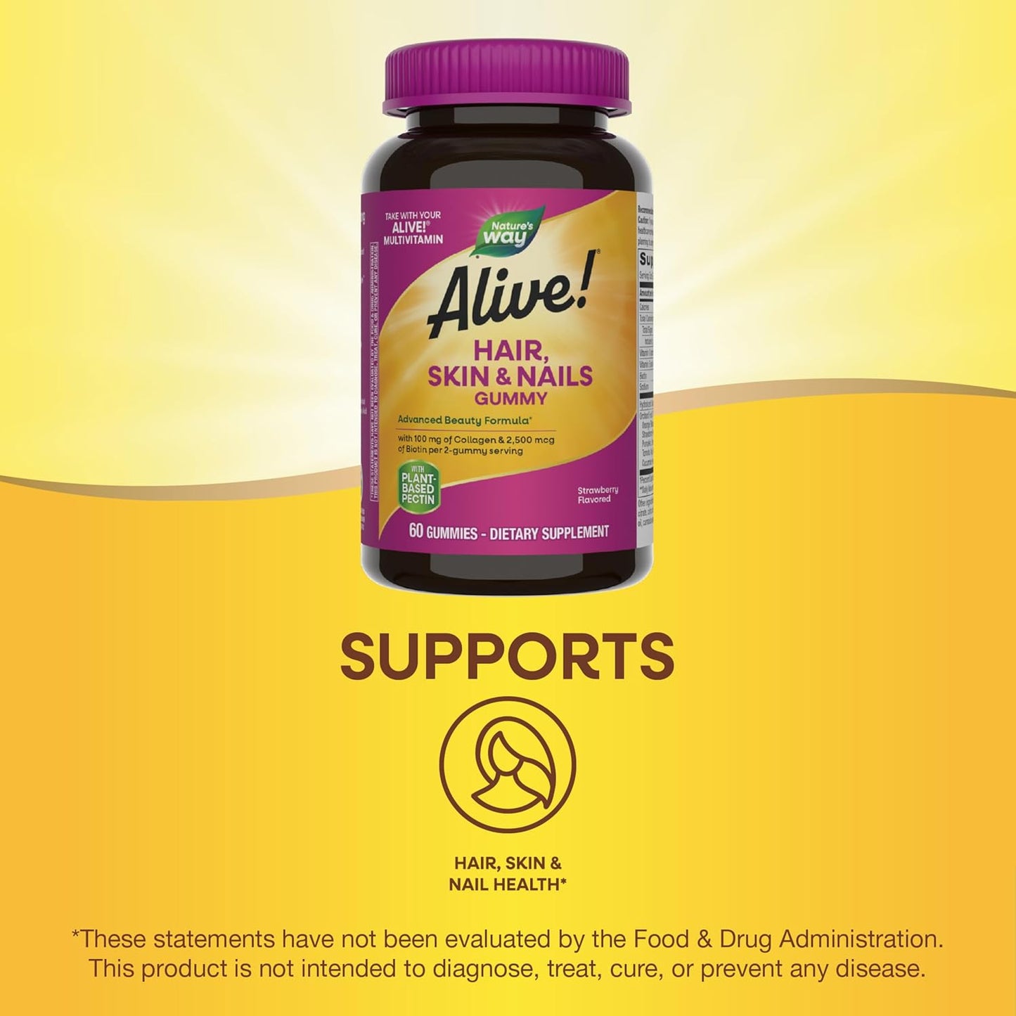 Nature's Way Alive! Hair, Skin & Nails Gummies - Advanced Beauty Formula with Biotin & Collagen - Strawberry Flavored - 60 Gummies