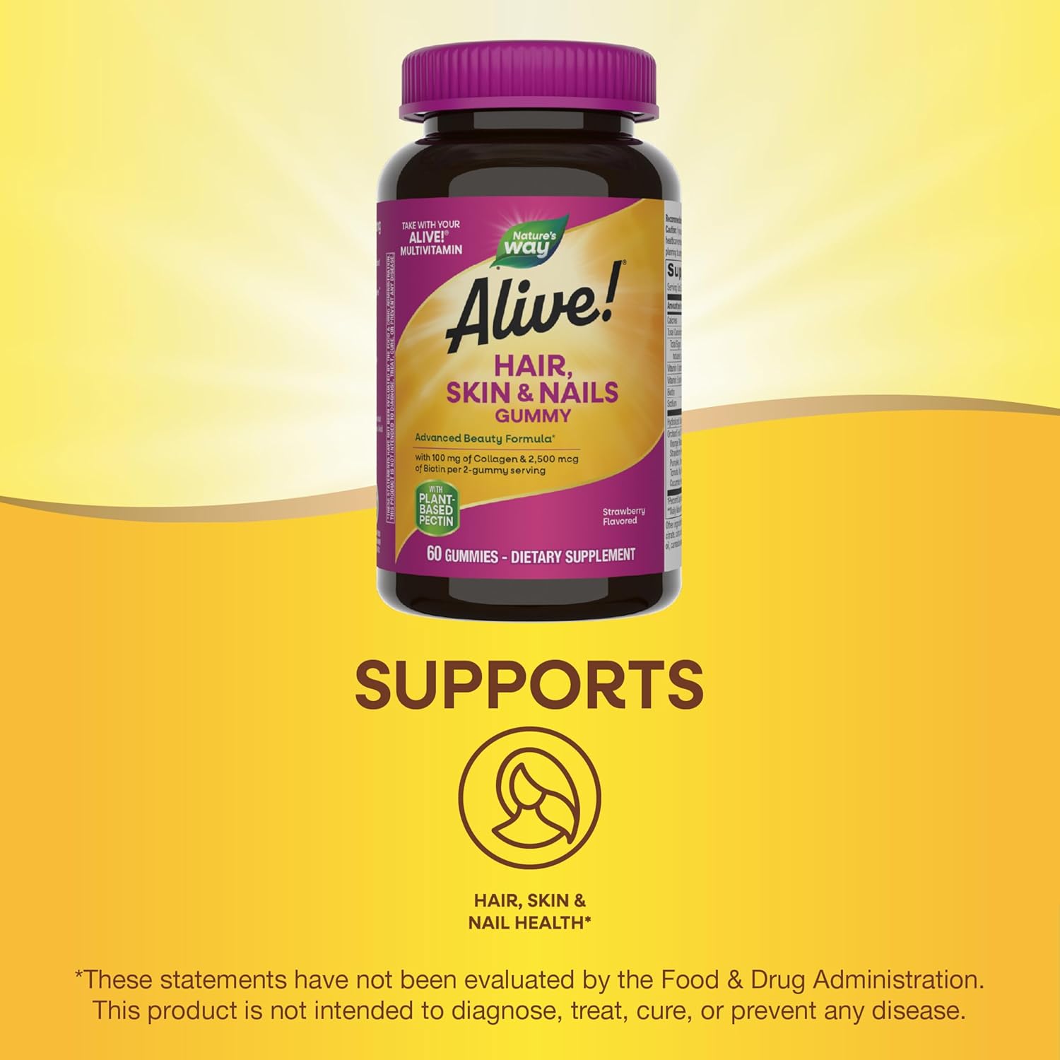 Nature's Way Alive! Hair, Skin & Nails Gummies - Advanced Beauty Formula with Biotin & Collagen - Strawberry Flavored - 60 Gummies