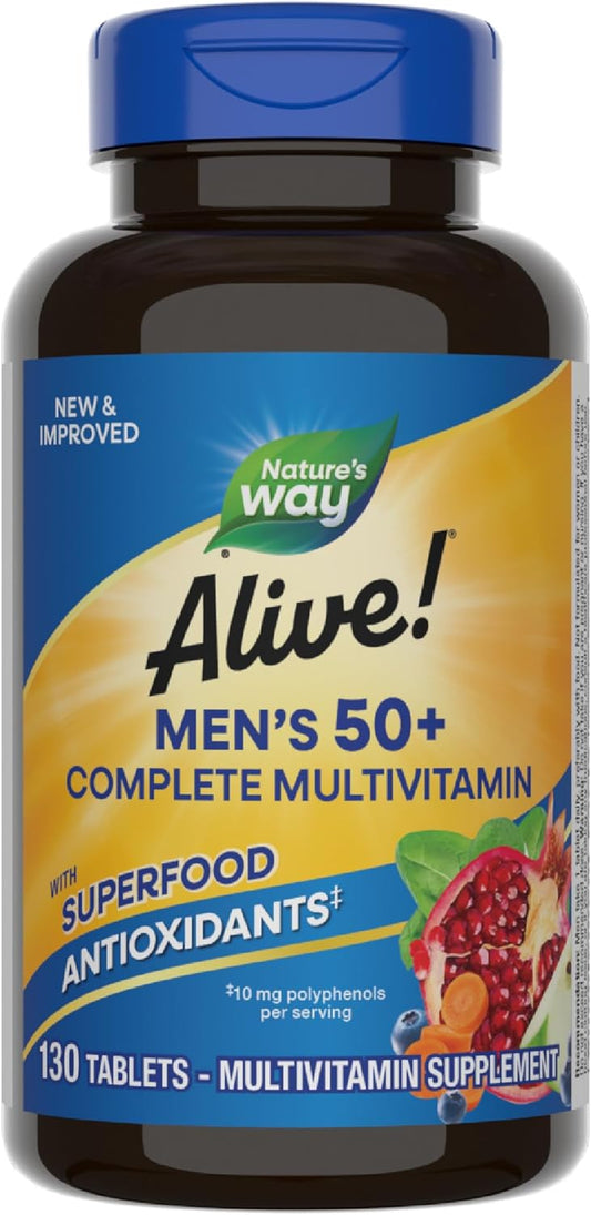 Nature's Way Alive! Men’s 50+ Complete Multivitamin - Supports Cellular Energy & Body Systems - High Potency B-Vitamins - Gluten-Free - 130 Tablets
