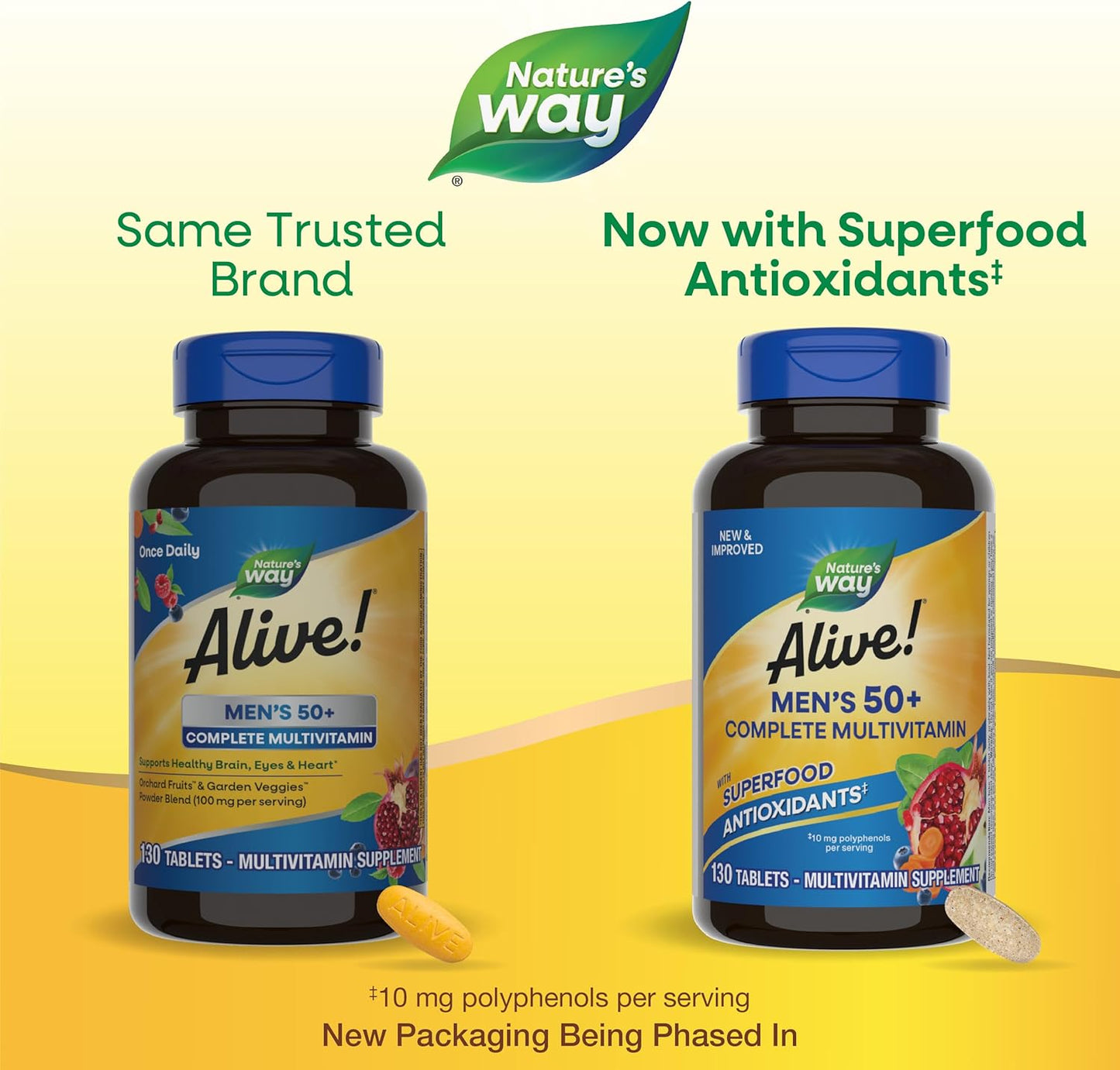 Nature's Way Alive! Men’s 50+ Complete Multivitamin - Supports Cellular Energy & Body Systems - High Potency B-Vitamins - Gluten-Free - 130 Tablets