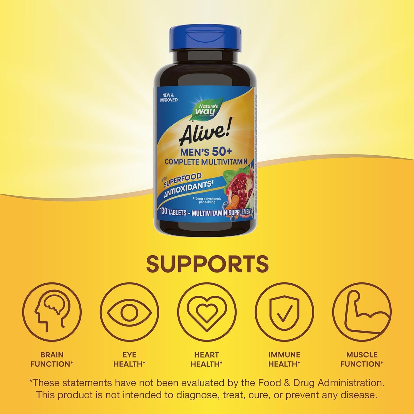 Nature's Way Alive! Men’s 50+ Complete Multivitamin - Supports Cellular Energy & Body Systems - High Potency B-Vitamins - Gluten-Free - 130 Tablets