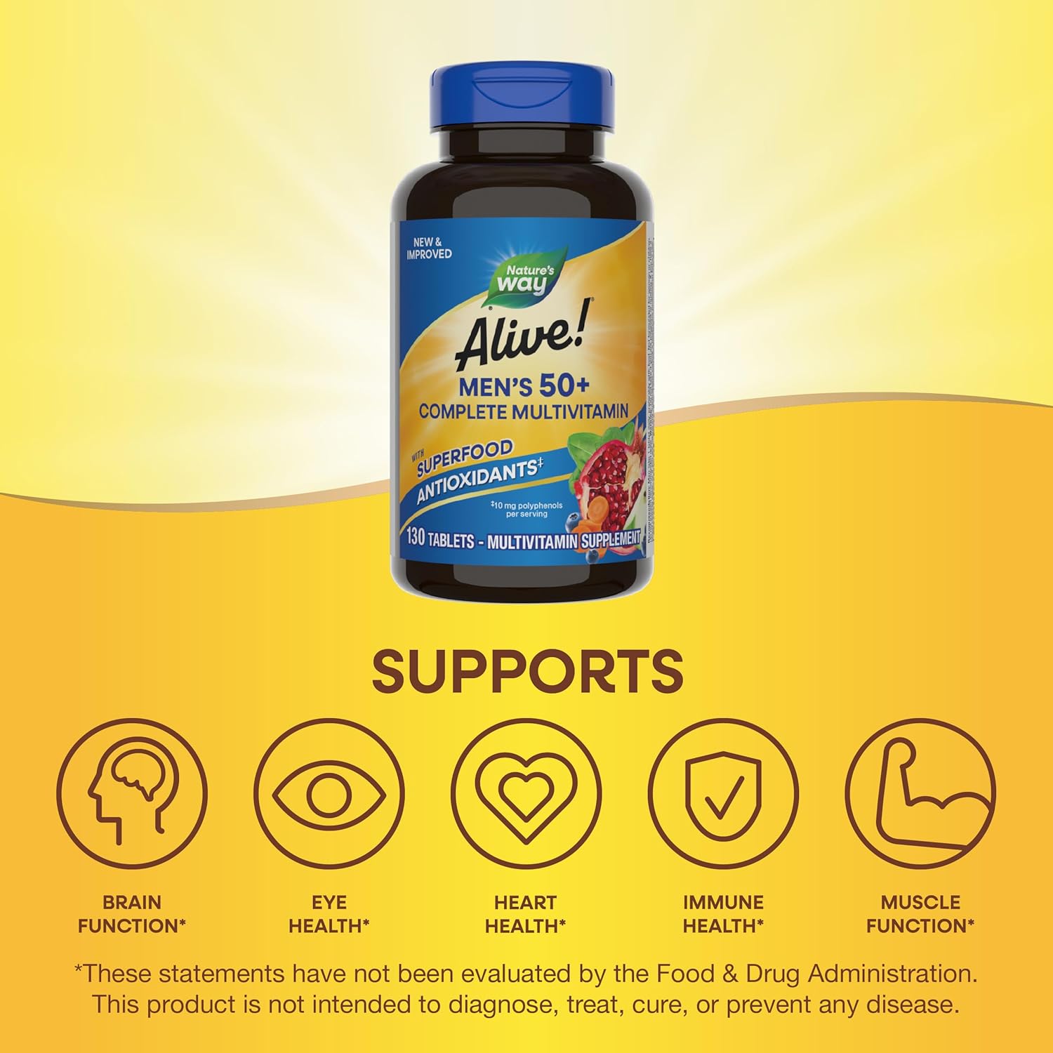 Nature's Way Alive! Men’s 50+ Complete Multivitamin - Supports Cellular Energy & Body Systems - High Potency B-Vitamins - Gluten-Free - 130 Tablets