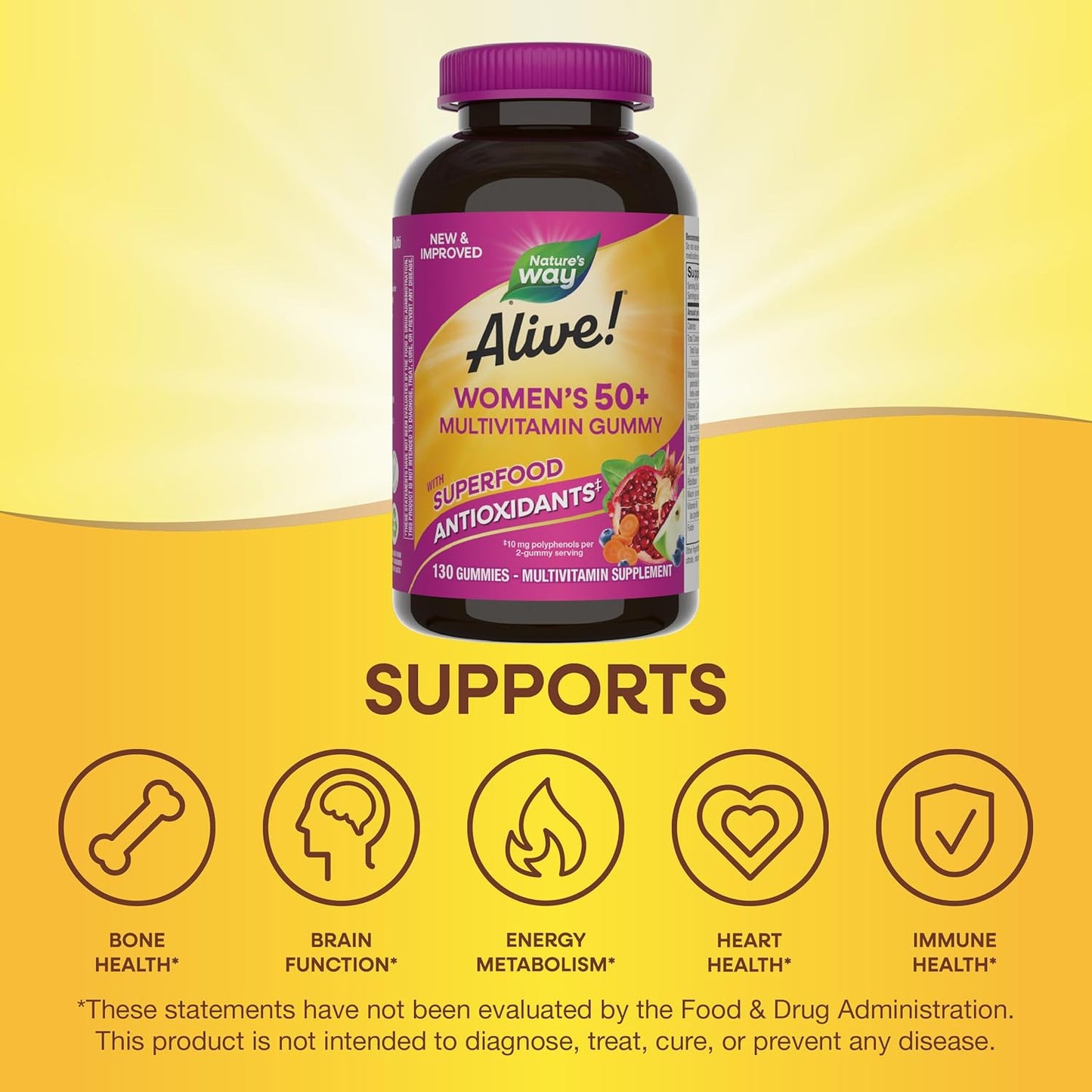 Nature's Way Alive! Women’s 50+ Daily Gummy Multivitamins - Supports Overall Health for Heart, Brain, & Bones - B-Vitamins, Mixed Berry Flavored - 130 Gummies