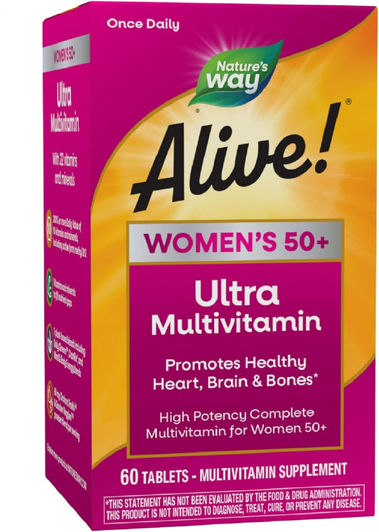 Nature’s Way Alive Women’s 50+ Ultra Potency Multivitamin with Methylated B12 - Gluten-Free, Promotes Heart, Brain, Bone Health - 60 Tablets