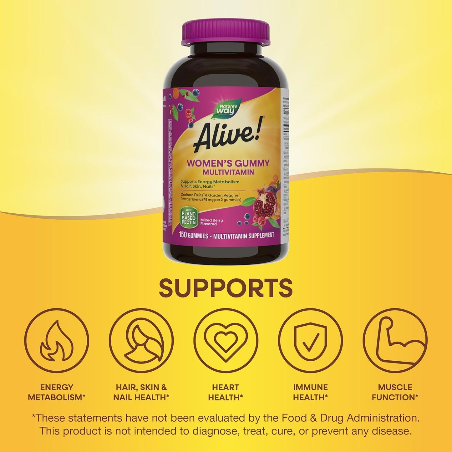 Nature's Way Alive! Women's Daily Gummy Multivitamins - 16 Vitamins & Minerals for Energy, Hair, Skin & Nails - Vegetarian Mixed Berry Flavored - 150 Gummies