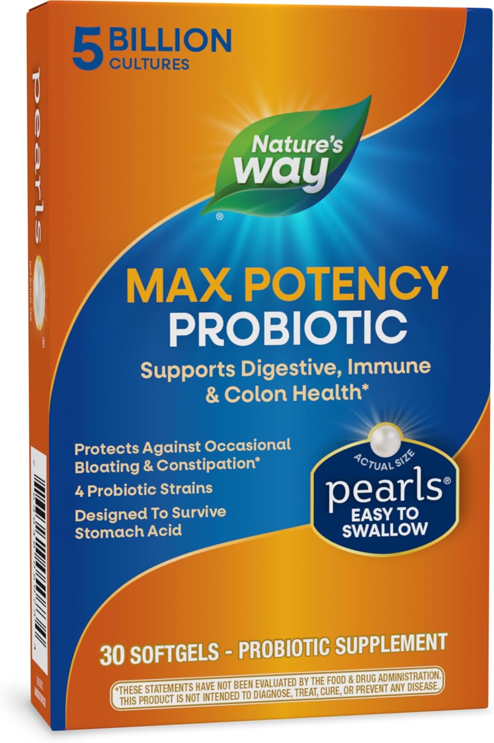 Nature's Way Max Potency Probiotic Pearls - Digestive, Immune & Colon Health Support - 5 Billion Live Cultures - No Refrigeration Needed - 30 Softgels