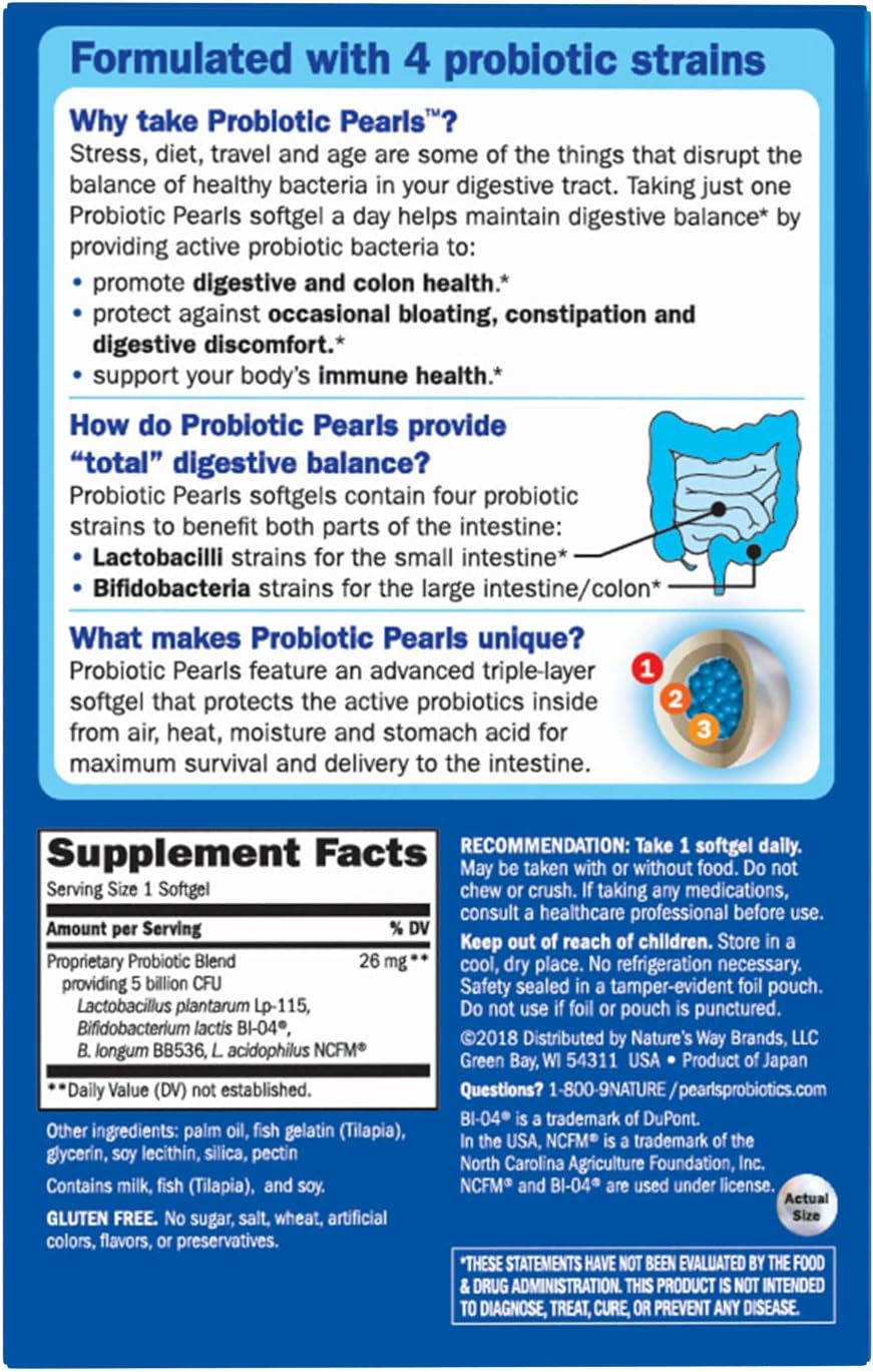 Nature's Way Max Potency Probiotic Pearls - Digestive, Immune & Colon Health Support - 5 Billion Live Cultures - No Refrigeration Needed - 30 Softgels