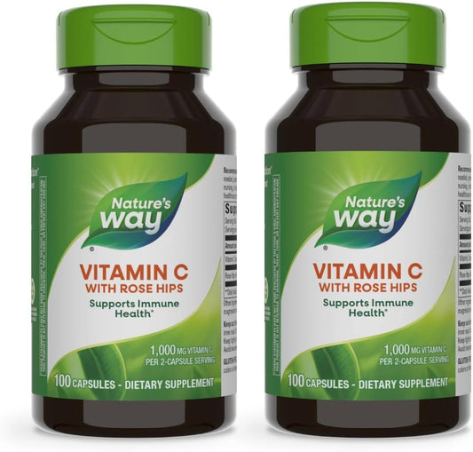 Nature's Way Vitamin C with Rose HIPS, 1,000 mg, 100 Capsules - Antioxidant & Immune Support for Healthy Skin
