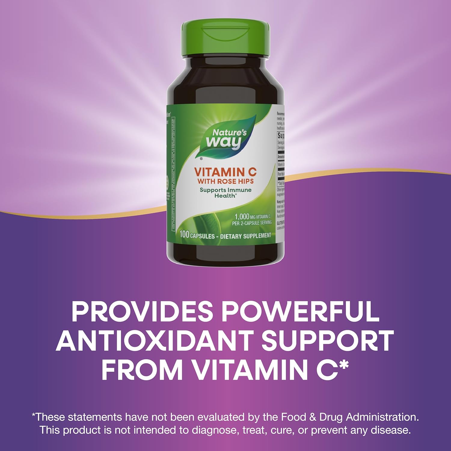 Nature's Way Vitamin C with Rose HIPS, 1,000 mg, 100 Capsules - Antioxidant & Immune Support for Healthy Skin