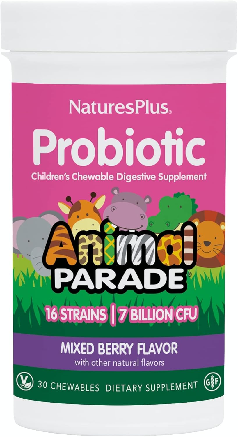 NaturesPlus Animal Parade Probiotic Chewables - Mixed Berry Flavor - 30 Count - Children’s Digestion Support - Vegan & Gluten Free - 30 Servings