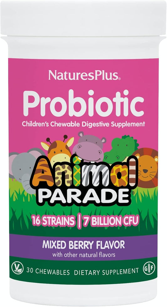 NaturesPlus Animal Parade Probiotic Chewables - Mixed Berry Flavor - 30 Count - Children’s Digestion Support - Vegan & Gluten Free - 30 Servings