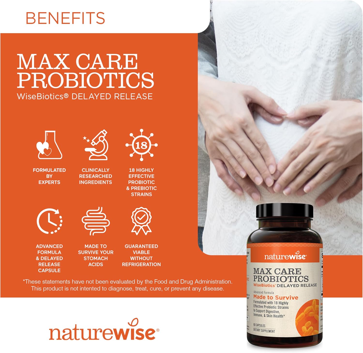 NatureWise Max Probiotics 30 Billion CFU with Prebiotics - Gut & Digestive Health Support - 60 Capsules
